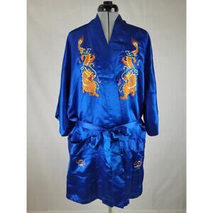 Vintage Pearls Brand Gold Dragon Embroidered Blue Silk Robe w Belt Sz S/M